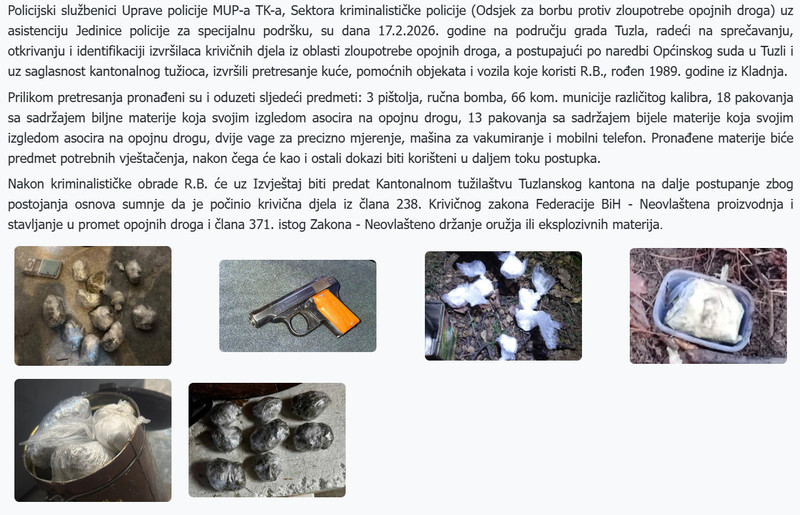 Bosnia-and-Herzegovina-avmp/Uprava-policije-MUP-TK---Pretresom-pronadena-droga-i-oruzje-jedno-lice-liseno-slobode