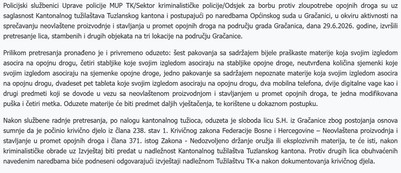 Bosnia-and-Herzegovina-avmp/Uprava-policije-MUP-TK---U-pretresima-pronadena-opojna-droga-oduzeta-sloboda-licu-iz-Gracanice