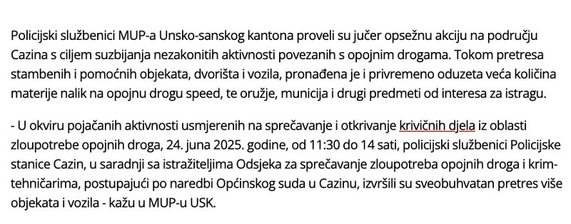 Bosnia-and-Herzegovina-avmp/Vise-osoba-uhapseno-u-Cazinu-zbog-prodaje-droge