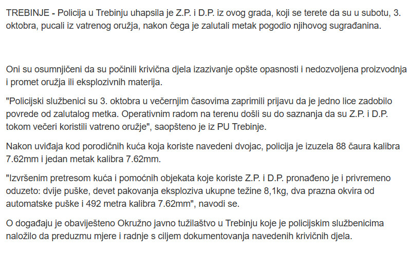 Bosnia-and-Herzegovina-avmp/Zalutali-metak-pogodio-komsiju-uhapseni-Trebinjci