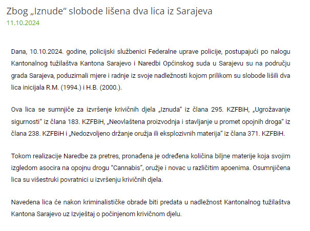 Bosnia-and-Herzegovina-avmp/Zbog-Iznude-slobode-lisena-dva-lica-iz-Sarajeva--FEDERALNA-UPR