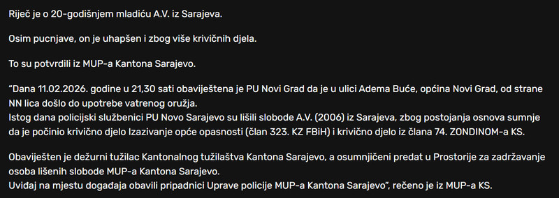 Bosnia-and-Herzegovina-avmp/Zbog-sinocnje-pucnjave-u-Sarajevu-MUP-KS-uhapsio-20-godisnjaka