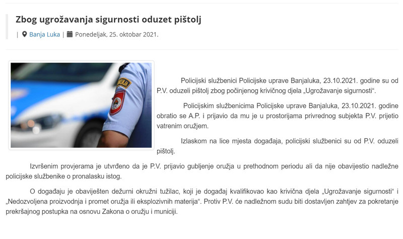 Bosnia-and-Herzegovina-avmp/Zbog-ugrozavanja-sigurnosti-oduzet-pistolj
