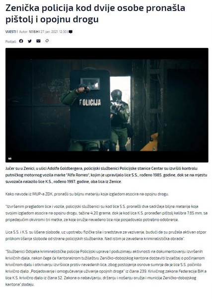 Bosnia-and-Herzegovina-avmp/Zenicka-policija-kod-dvije-osobe-pronasla-pistolj-i-opojnu-dro