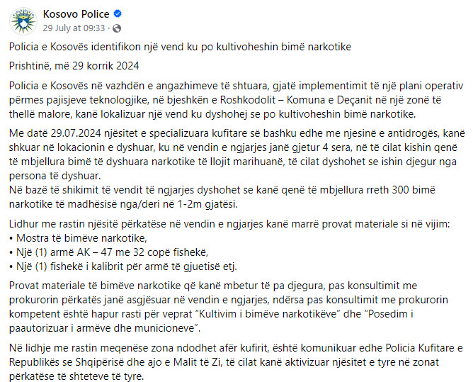 Kosovo-avmp/Kapen-300-bim-narkotike-t-mbjella-n-bjeshkn-e-Deanit--FB