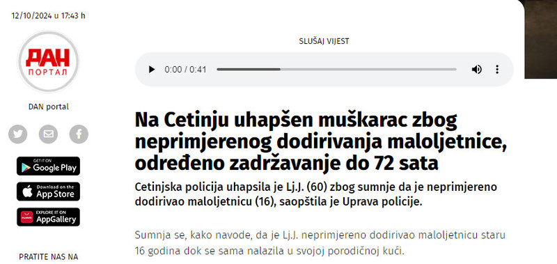 Montenegro-avmp/---Na-Cetinju-uhapsen-muskarac-zbog-neprimjerenog-dodirivanja-maloljetnice