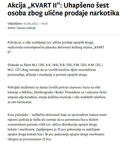 Montenegro-avmp/Akcija-KVART-II_-Uhapseno-sest-osoba-zbog-ulicne-prodaje-narkotika