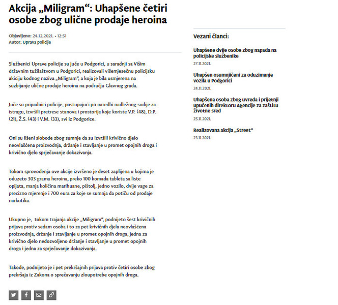 Montenegro-avmp/Akcija-Miligram_-Uhapsene-cetiri-osobe-zbog-ulicne-prodaje-heroina