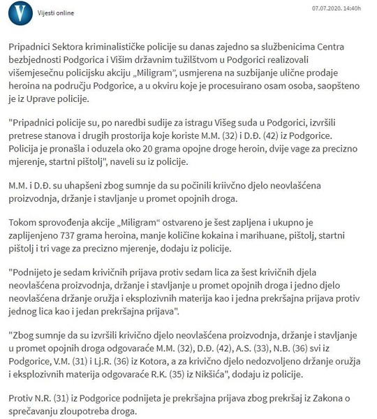 Montenegro-avmp/Akcija-_Miligram__-Zaplijenjeno-737-grama-heroina-kokain-marihuana-pistolj_1