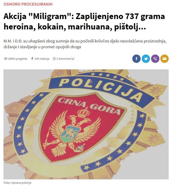 Montenegro-avmp/Akcija-_Miligram__-Zaplijenjeno-737-grama-heroina-kokain-marihuana-pistolj