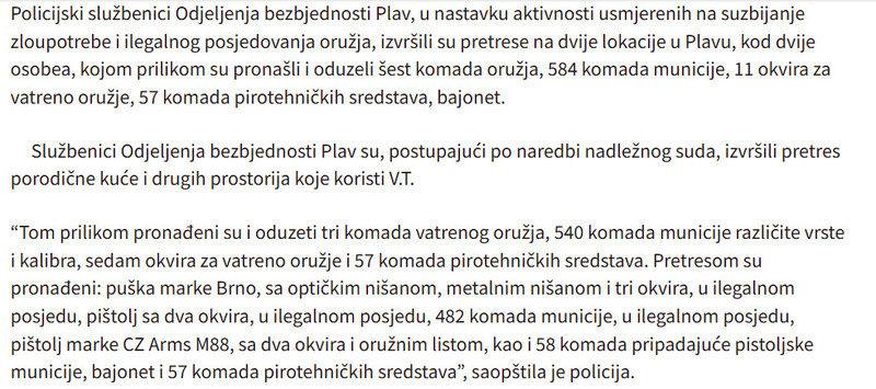 Montenegro-avmp/Akcija-policije-u-Plavu-oduzeto-sest-komada-oruzja-584-municije-pirotehnicka-sredstva-djelovi-od-oruzja