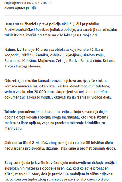 Montenegro-avmp/Akcija-policije_-Pretresima-na-50-lokacija-pronadena-droga-oruzje-uhapsen