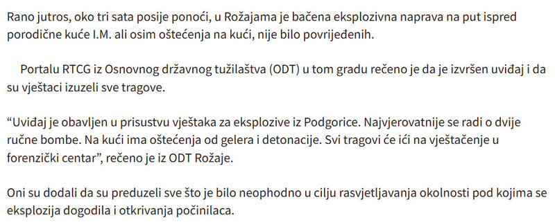 Montenegro-avmp/Bacena-eksplozivna-naprava-ispred-porodicne-kuce-u-Rozajama