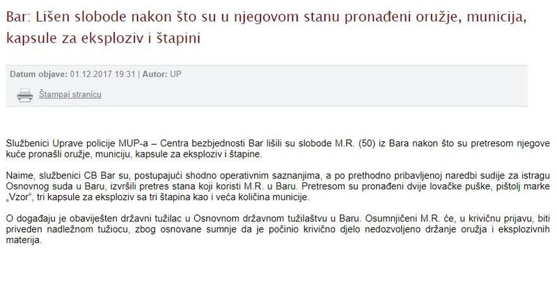 Montenegro-avmp/Bar--Lisen-slobode-nakon-sto-su-u-njegovom-stanu-pronadeni-oruzje-municija