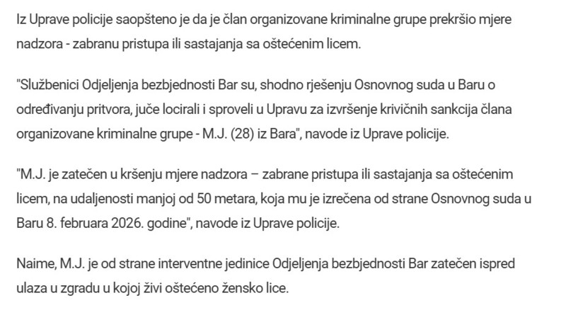 Montenegro-avmp/Bar-Clan-kriminalne-grupe-zatecen-ispred-zgrade-u-kojoj-zivi-zenska-osoba-kojoj-mu-je-zabranjen-prilaz-pronaden-i-pistolj_2