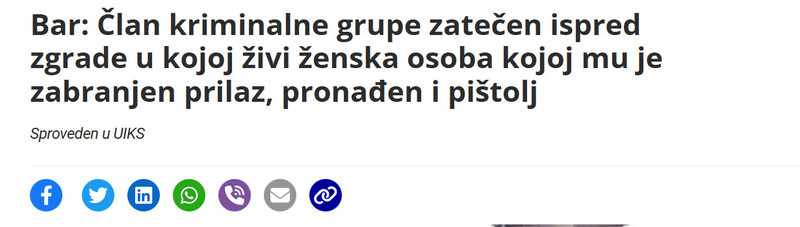 Montenegro-avmp/Bar-Clan-kriminalne-grupe-zatecen-ispred-zgrade-u-kojoj-zivi-zenska-osoba-kojoj-mu-je-zabranjen-prilaz-pronaden-i-pistolj
