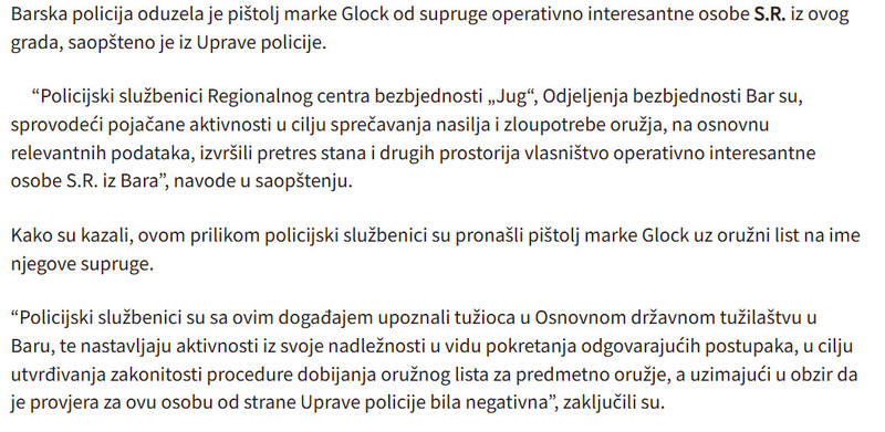 Montenegro-avmp/Bar-Oduzet-pistolj-od-supruge-operativno-interesantne-osobe