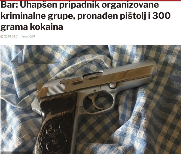 Montenegro-avmp/Bar-Uhapsen-pripadnik-organizovane-kriminalne-grupe-pronaden-pistolj-i-300-grama-kokaina_1