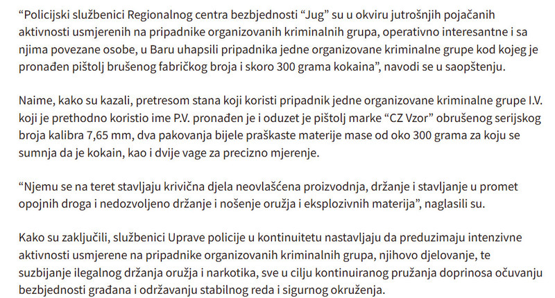 Montenegro-avmp/Bar-Uhapsen-pripadnik-organizovane-kriminalne-grupe-pronaden-pistolj-i-300-grama-kokaina