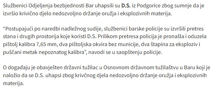 Montenegro-avmp/Bar-uhapsena-jedna-osoba-zbog-nedozvoljenog-drzanja-oruzja