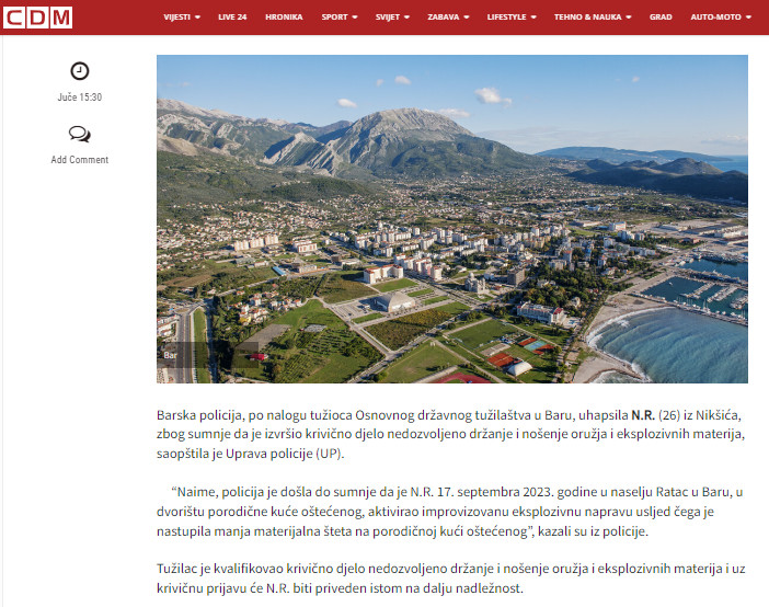 Montenegro-avmp/Bar_-Uhapsen-Niksicanin-zbog-sumnje-da-je-aktivirao-improvizovanu-eksplozi