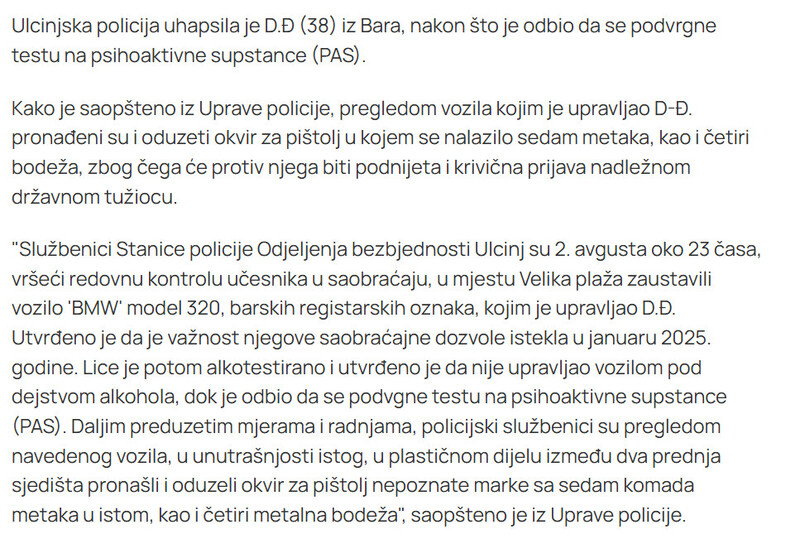 Montenegro-avmp/Baranin-odbio-test-na-psihoaktivne-supstance-u-vozilu-mu-pronadeni-meci-i-bodezi-u-stanu-katana-i-luk-i-strijele_1