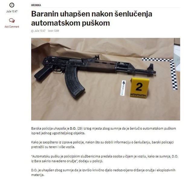 Montenegro-avmp/Baranin-uhapsen-nakon-senlucenja-automatskom-puskom
