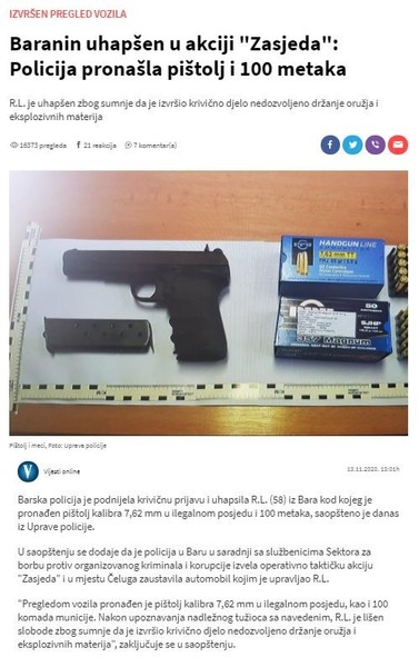 Montenegro-avmp/Baranin-uhapsen-u-akciji-_Zasjeda__-Policija-pronasla-pistolj-i-100-metaka