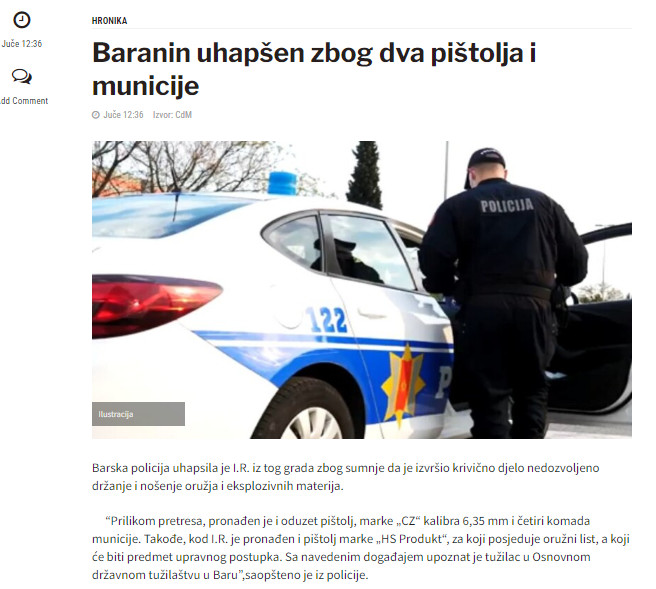 Montenegro-avmp/Baranin-uhapsen-zbog-dva-pistolja-i-municije---CdM