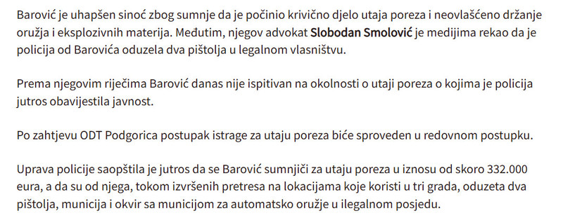 Montenegro-avmp/Barovic-pusten-nakon-saslusanja-za-pistolje-imao-dozvole_1