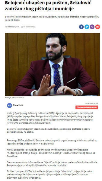 Montenegro-avmp/Belojevic-uhapsen-pa-pusten-Sekulovic-zadrzan-zbog-pistolja-i-municije