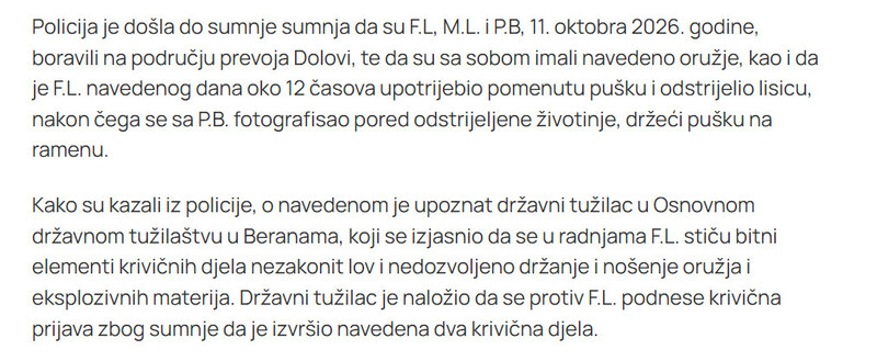 Montenegro-avmp/Beranac-osumnjicen-da-je-nezakonito-odstrijelio-lisicu-krivicna-prijava-i-zbog-nedozvoljenog-nosenja-oruzja_2