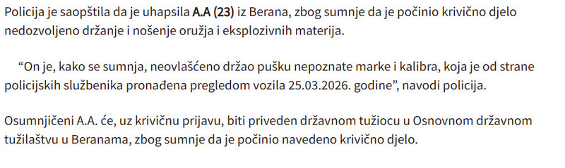 Montenegro-avmp/Beranac-uhapsen-zbog-posjedovanja-i-drzanja-puske-u-vozilu-krivicna-prijava-podnijeta-i-protiv-jos-dvije-osobe_1