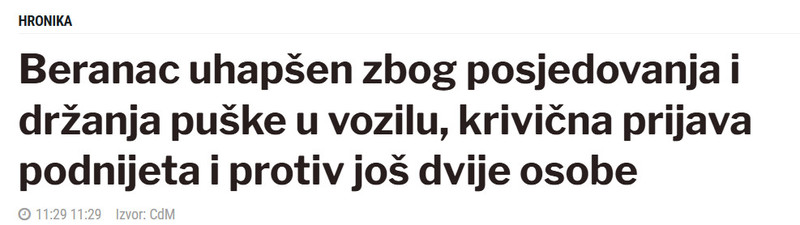 Montenegro-avmp/Beranac-uhapsen-zbog-posjedovanja-i-drzanja-puske-u-vozilu-krivicna-prijava-podnijeta-i-protiv-jos-dvije-osobe_2