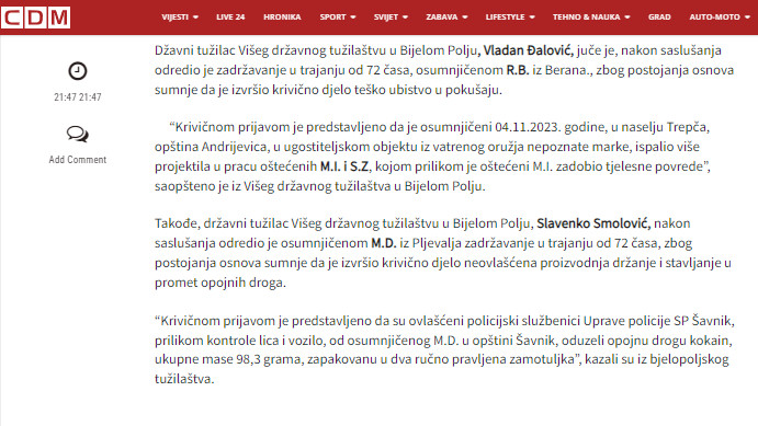 Montenegro-avmp/Berancu-zadrzavanje-72-sata-osumnjicen-za-tesko-ubistvo-u-pokusaju---CdM