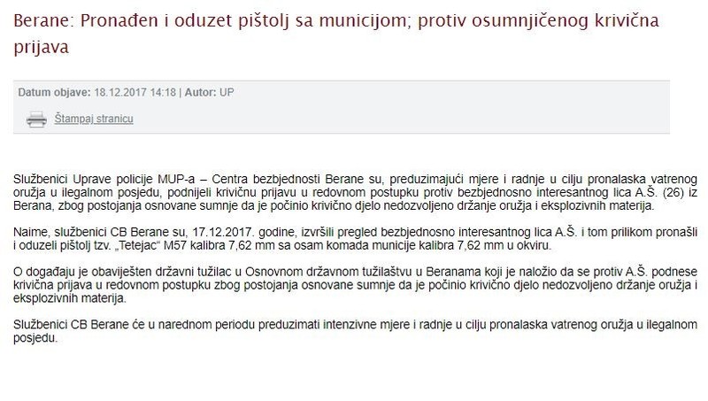 Montenegro-avmp/Berane---pronadjen-i-oduzet-pistolj-sa-municijom
