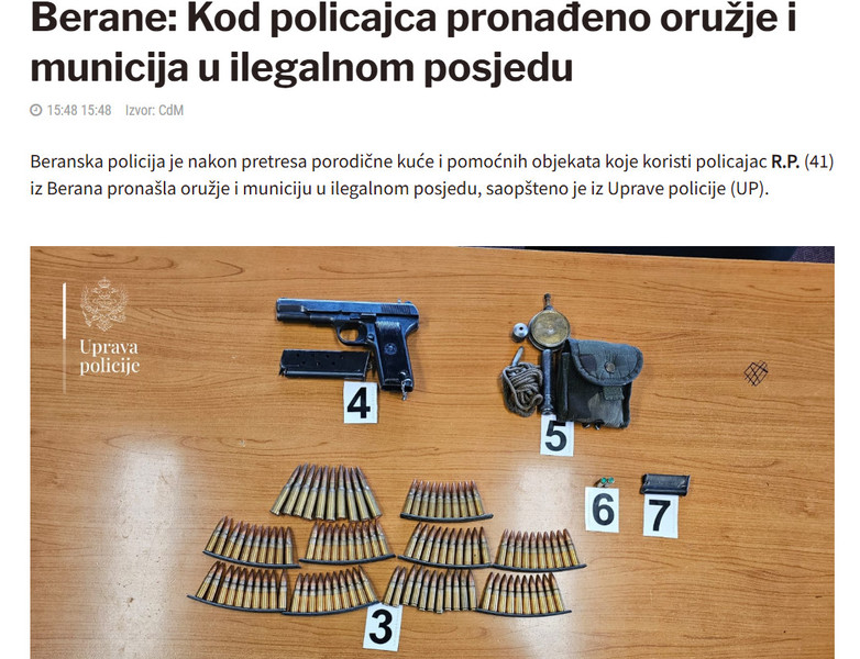 Montenegro-avmp/Berane-Kod-policajca-pronadeno-oruzje-i-municija-u-ilegalnom-posjedu_1