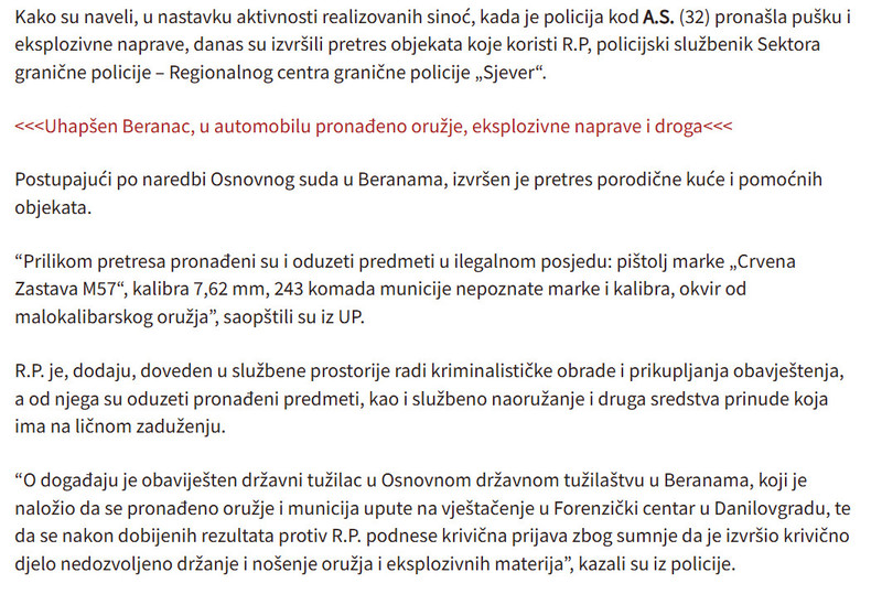 Montenegro-avmp/Berane-Kod-policajca-pronadeno-oruzje-i-municija-u-ilegalnom-posjedu_4