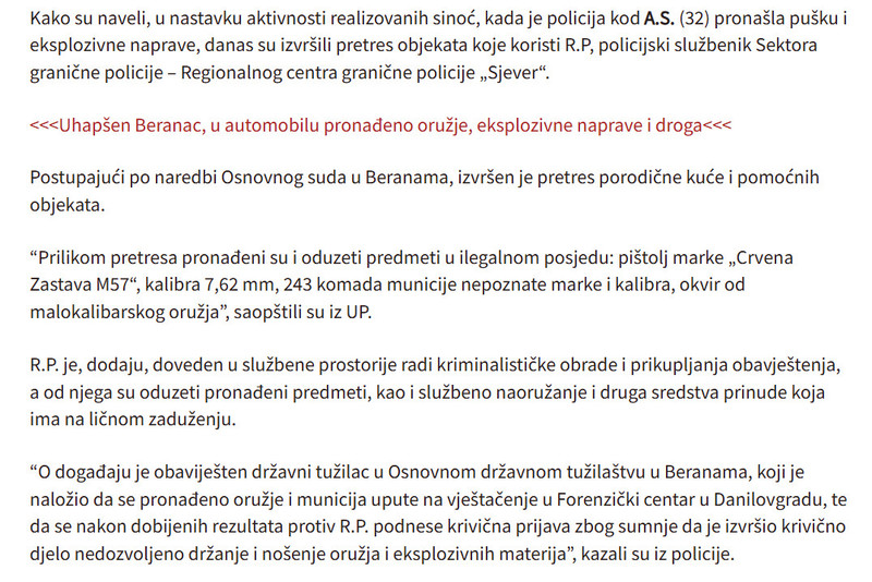 Montenegro-avmp/Berane-Kod-policajca-pronadeno-oruzje-i-municija-u-ilegalnom-posjedu