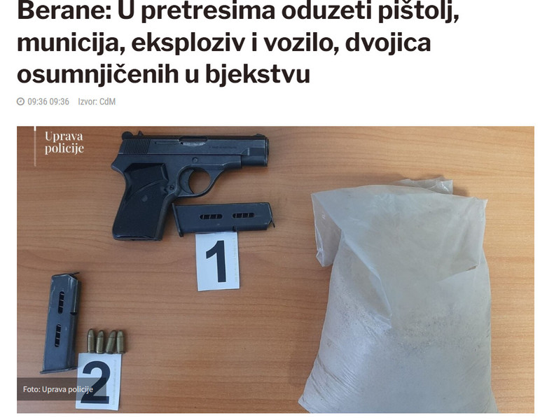 Montenegro-avmp/Berane-U-pretresima-oduzeti-pistolj-municija-eksploziv-i-vozilo-dvojica-osumnjicenih-u-bjekstvu_2