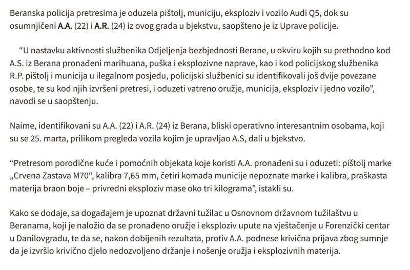 Montenegro-avmp/Berane-U-pretresima-oduzeti-pistolj-municija-eksploziv-i-vozilo-dvojica-osumnjicenih-u-bjekstvu