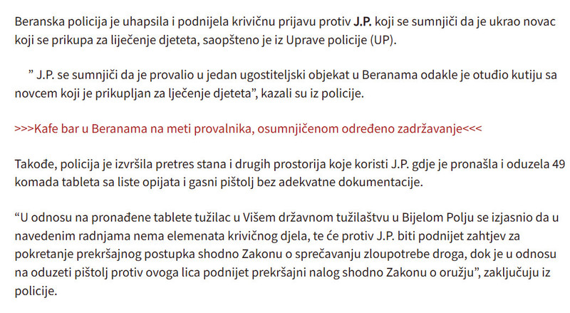 Montenegro-avmp/Berane_-Uhapsen-osumnjiceni-za-kradu-novca-prikupljenog-za-lijecenje-djete
