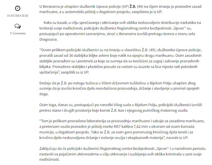 Montenegro-avmp/Berane_-Uhapsen-policajac-pronaden-zasad-marihuane-i-pistolj-u-ilegalnom-p
