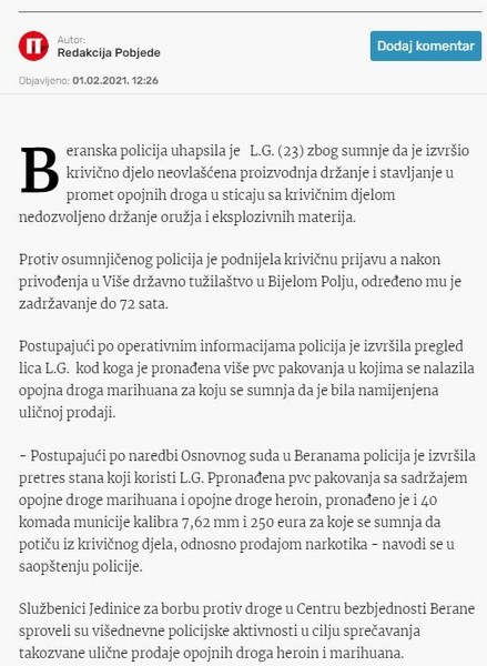 Montenegro-avmp/Berane_-Uhapsena-jedna-osoba-zbog-posjedovanja-droge-i-oruzja