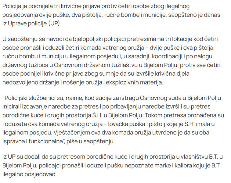Montenegro-avmp/Bijelo-Polje-Cetiri-osobe-osumnjicene-za-ilegalno-posjedovanje-pusaka-pistolja-bombe-i-municije_1