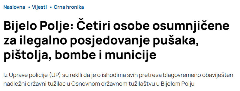 Montenegro-avmp/Bijelo-Polje-Cetiri-osobe-osumnjicene-za-ilegalno-posjedovanje-pusaka-pistolja-bombe-i-municije_3