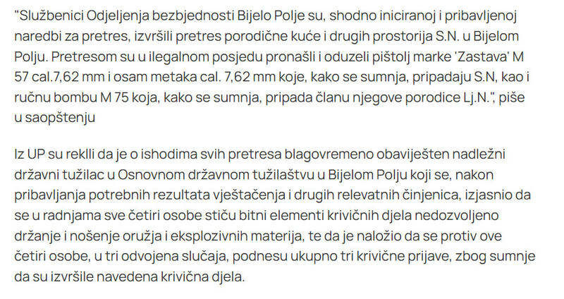 Montenegro-avmp/Bijelo-Polje-Cetiri-osobe-osumnjicene-za-ilegalno-posjedovanje-pusaka-pistolja-bombe-i-municije_4