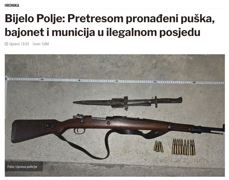 Montenegro-avmp/Bijelo-Polje-Pretresom-pronadeni-puska-bajonet-i-municija-u-ilegalnom-posjedu_1