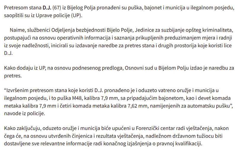 Montenegro-avmp/Bijelo-Polje-Pretresom-pronadeni-puska-bajonet-i-municija-u-ilegalnom-posjedu
