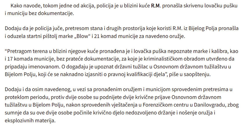 Montenegro-avmp/Bijelo-Polje-Pronadena-puska-i-municija-sakrivena-u-blizini-kuce